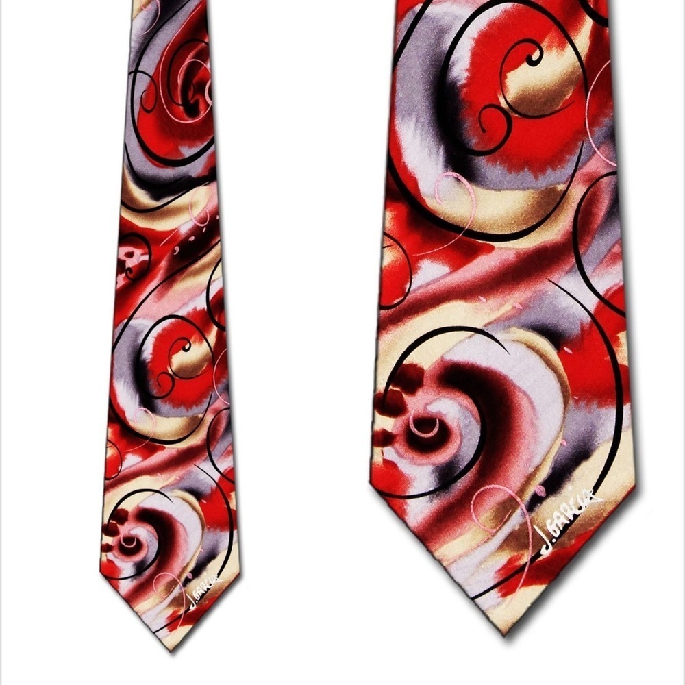 J. Garcia Red and Black Abstract Snail Garden Tie 59”